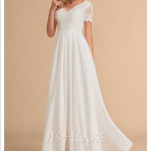 JJ’s House A-Line V-neck Floor-Length Chiffon Lace Wedding Dress
